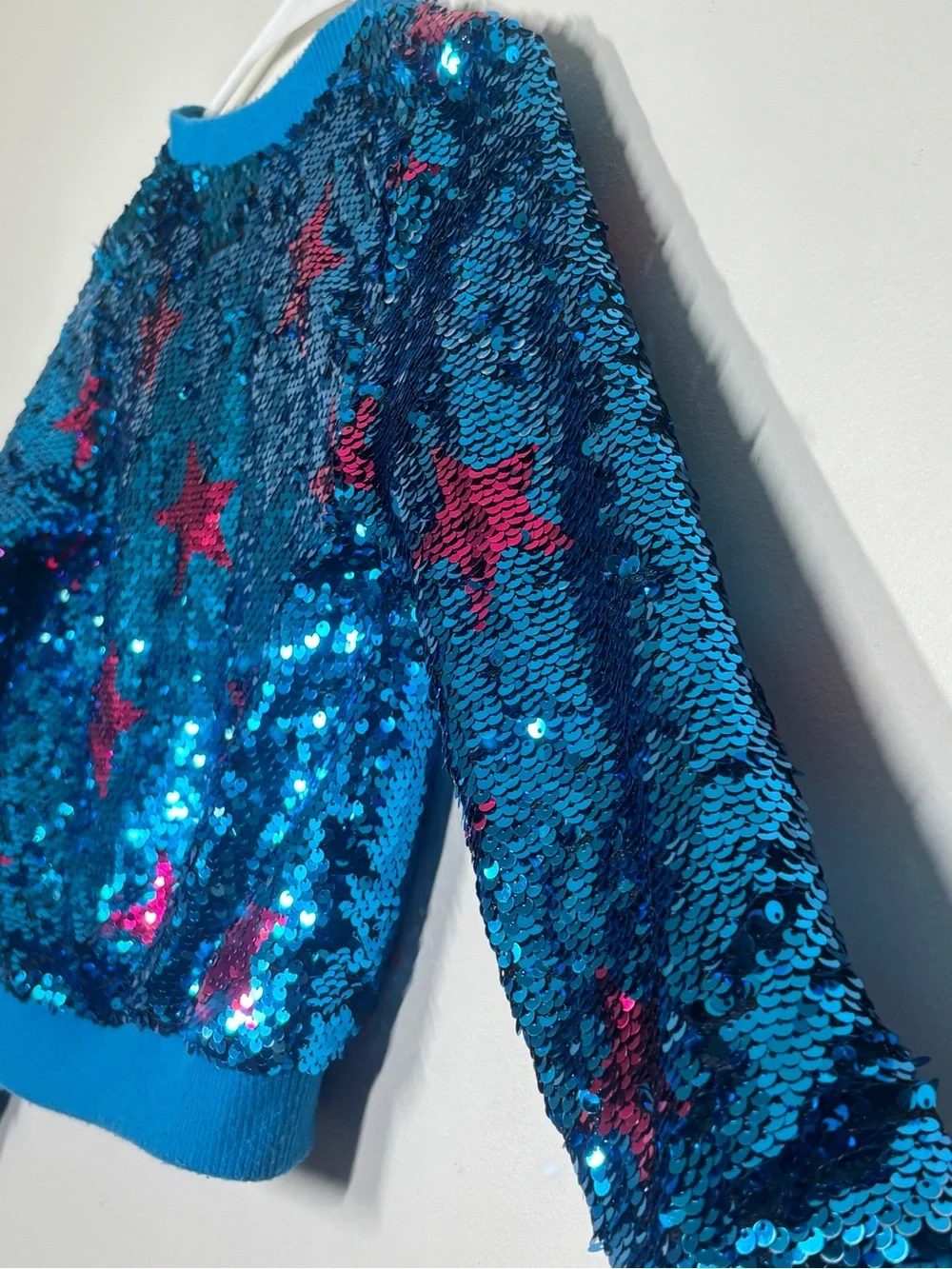 Kids Blue Sequin Star Bomber Jacket - Sparkling Zip-Up